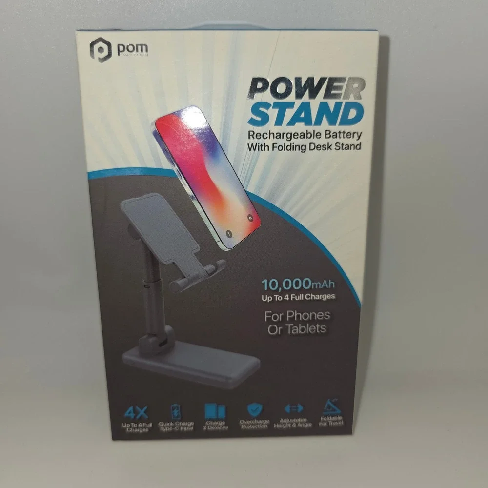 POM Power Stand 10000mAh Portable Charger Folding Desk Stand New Gray Adjustable